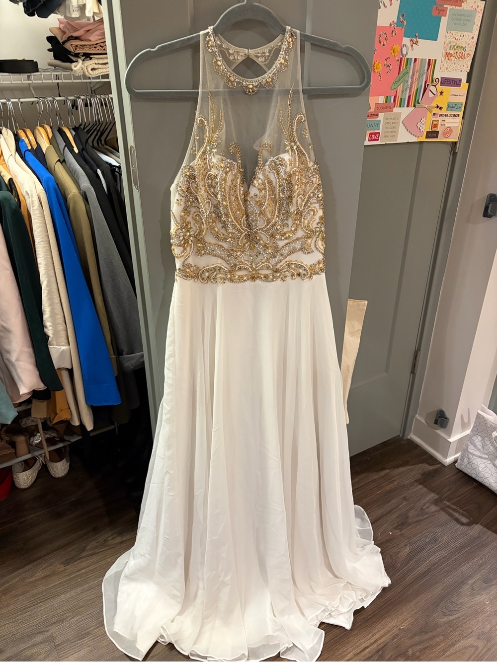 Elegant White Wedding Dress with Gold Beaded Bodice